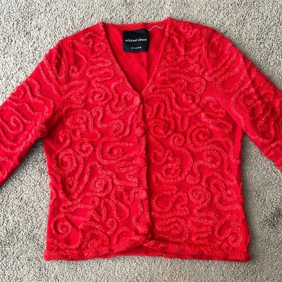 Michael Simon Bright Red Yarn Abstract Cardigan Sweater - Picture 1 of 6